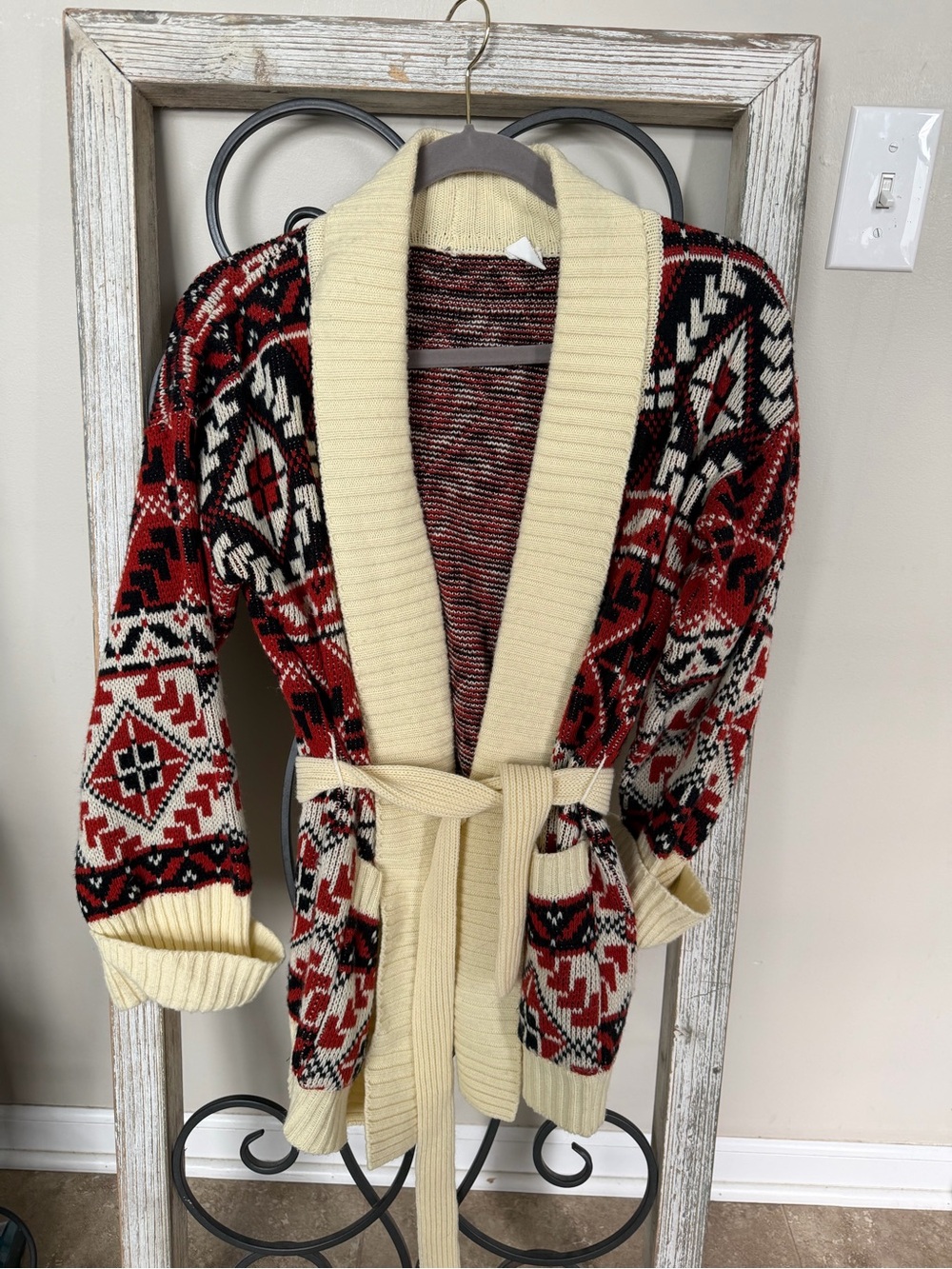 Southwestern Geometric Belted Cardigan Sweater 80s Vintage Red Black Western